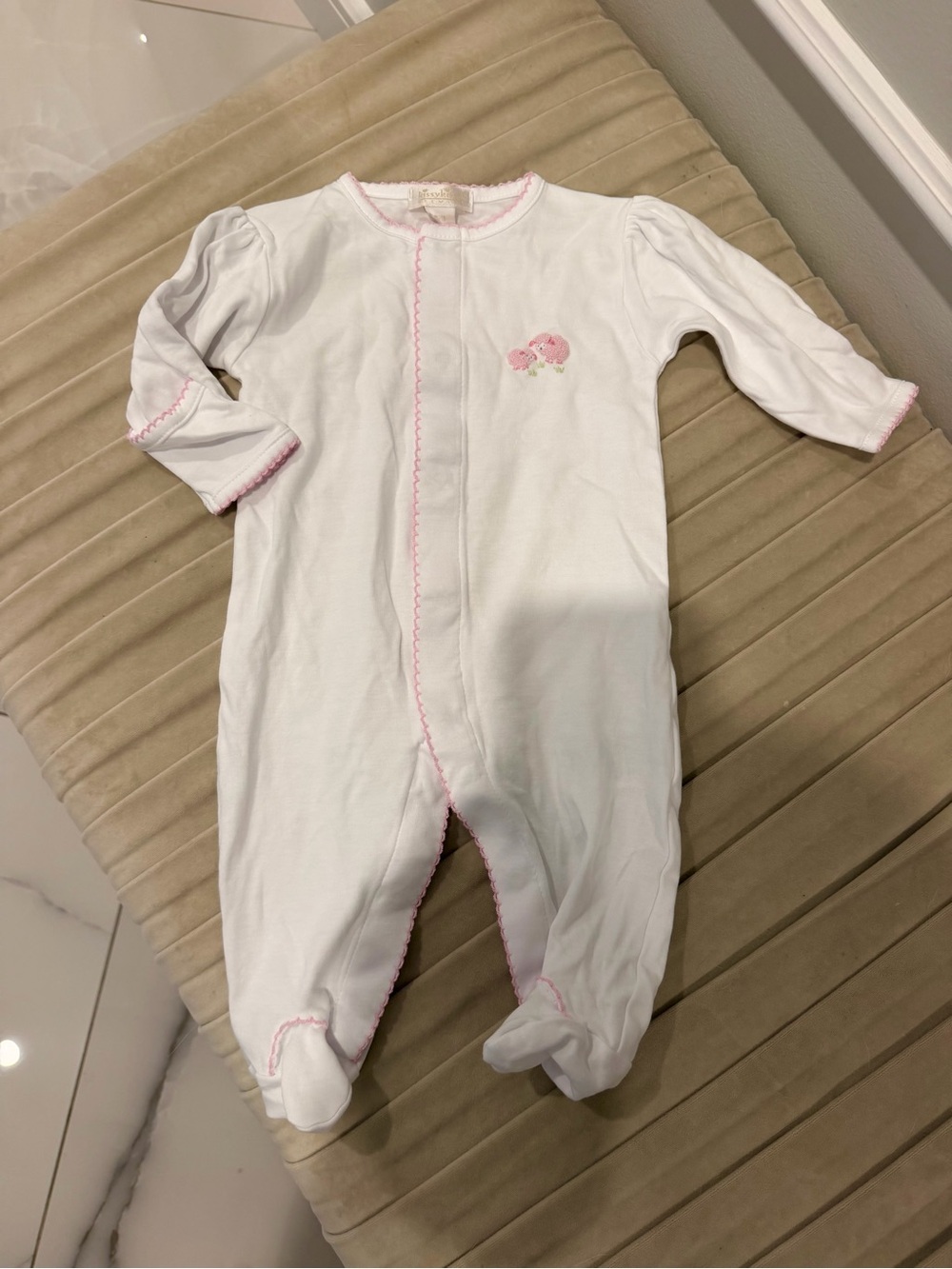 Kissy Kissy Premier Sweet Sheep Hand Embroidered Footie – White/Pink – 0-3M